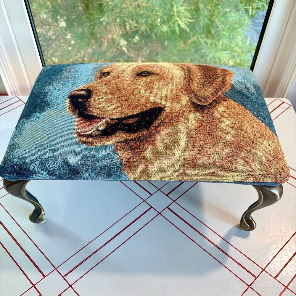Vintage Golden Retriever Tapestry Footstool Brass Cabriole Legs Dog Decor
